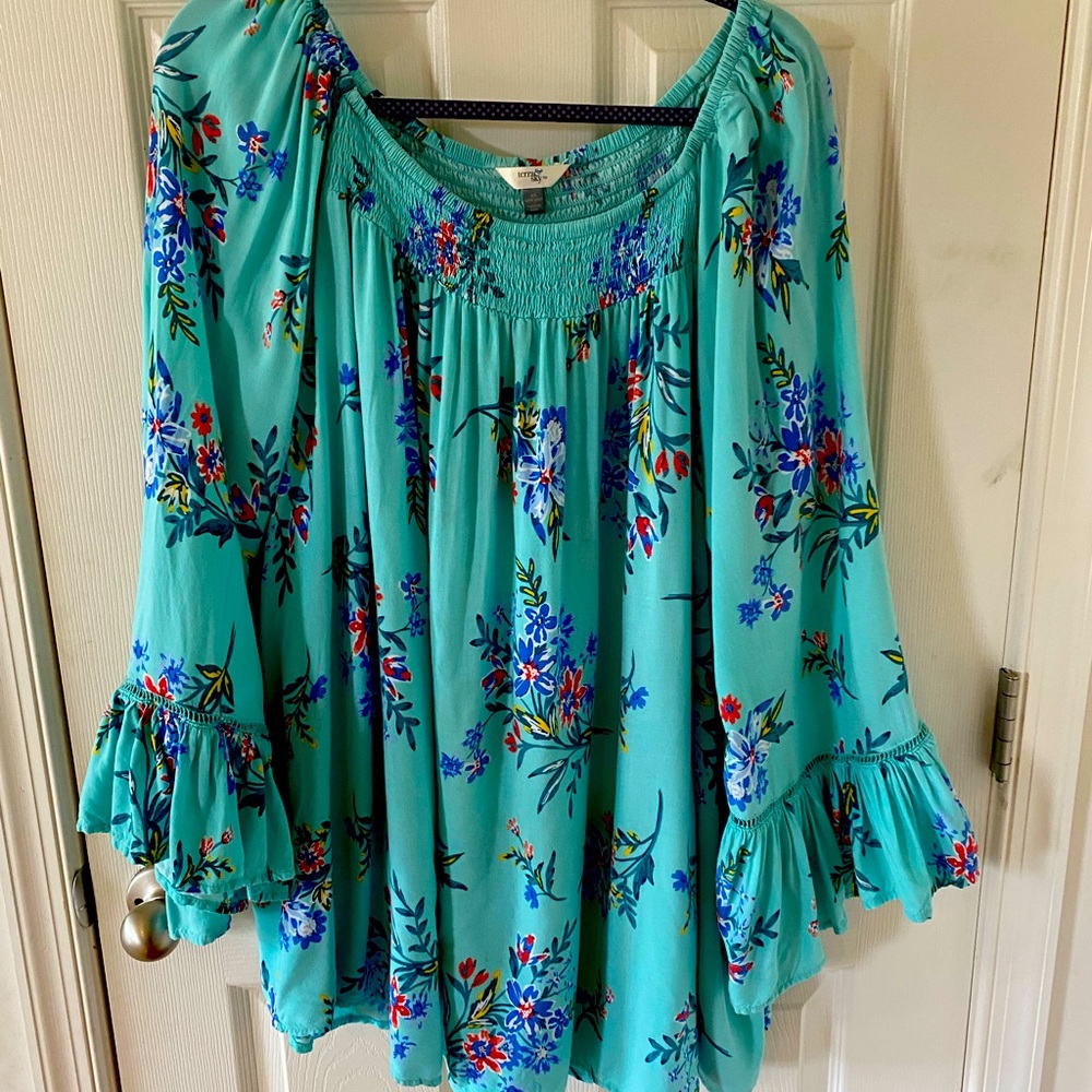 Terra Sky Teal floral Boho Top SZ 4X